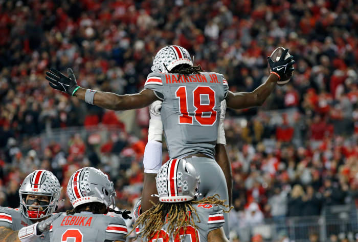 Nov 11, 2023; Columbus, Ohio, USA; Ohio State Buckeyes wide receiver Marvin Harrison Jr. (18) celebrates his touchdown during the first quarter against the Michigan State Spartans at Ohio Stadium.